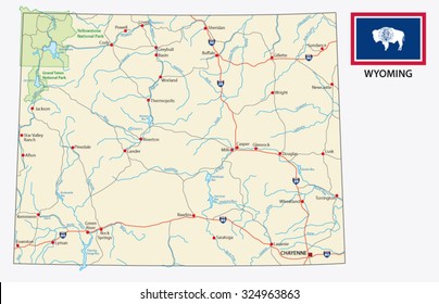 Wyoming road map with flag