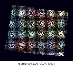 Wyoming, shape of the state built of colored cells. Digital style map of Wyoming on a dark background. Small size rounded square blocks. Awesome vector illustration.
