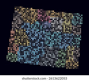 Wyoming, shape of the state built of colored cells. Digital style map of Wyoming on a dark background. Small size square blocks. Creative vector illustration.