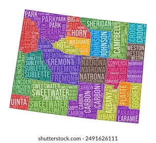 Forma Wyoming. Nube de palabras del estado con división del condado. Ilustración de Wyoming. Nube de nombres de condado. Ilustración vectorial.