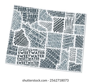 Wyoming shape text cloud. State border with shadow on white background. Wyoming with counties division in vintage gazette style. Artistic vector illustration.