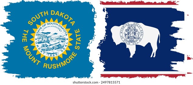 Wyoming and South Dakota states grunge brush flags connection, vector