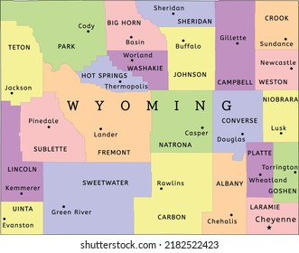 Wyoming state administrative map with counties and seats. Clored. Vectored. Yellow, green, blue, pink, violet, orange