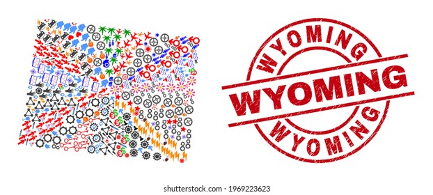 Wyoming State map collage and textured Wyoming red round stamp imitation. Wyoming stamp uses vector lines and arcs. Wyoming State map collage includes helmets, homes, screwdrivers, suns, wine glasses,