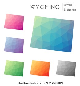 Wyoming state map in geometric polygonal style. Set of Wyoming state maps filled with abstract mosaic, modern design background. Multicolored state map in low poly style.