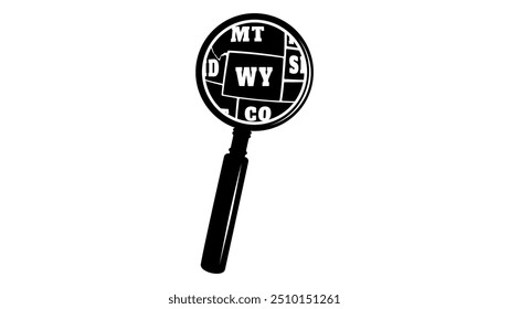 WYOMING state map in magnifying glass, black isolated silhouette