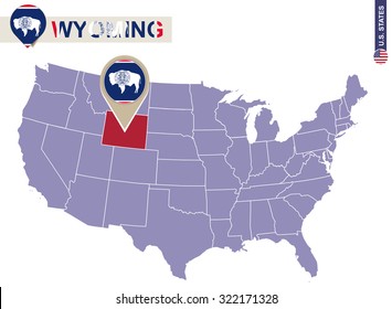 Wyoming State on USA Map. Wyoming flag and map. US States.