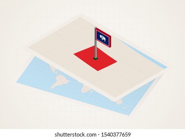 Wyoming state selected on map with isometric flag of Wyoming. Vector paper map.