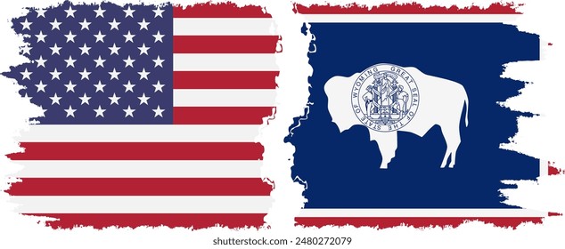 Wyoming state and USA grunge flags connection, vector