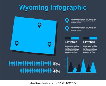 Wyoming State (USA) Map with Set of Infographic Elements in Blue Color in Dark Background. Modern Information Graphics Element for your design.