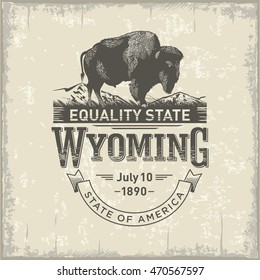 Wyoming, stylized emblem of the state of America, Buffalo, bison, vintage