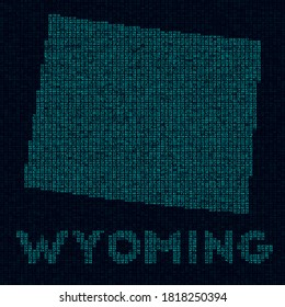 Mapa tecnológico de Wyoming. Símbolo de estado de los Estados Unidos al estilo digital. Cibermapa de Wyoming con el nombre del estado de ee.uu. Hermosa ilustración vectorial.