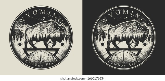 Wyoming. United States of America (USA). Cowboy state slogan. Travel and tourism concept. Template for clothes, t-shirt design. Vector illustration 
