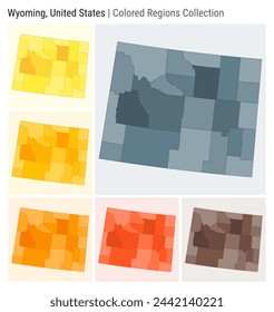 Wyoming, United States. Map collection. State shape. Colored counties. Blue, Grey, Yellow, Amber, Orange, Deep Orange, Brown color palettes. Border of Wyoming with counties. Vector illustration.