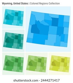 Wyoming, United States. Map collection. State shape. Colored counties. Light Blue, Cyan, Teal, Green, Light Green, Lime color palettes. Border of Wyoming with counties. Vector illustration.