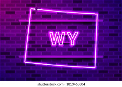 Wyoming US state glowing neon lamp sign. Realistic vector illustration. Purple brick wall, violet glow, metal holders.