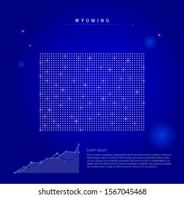 Wyoming US state illuminated map with glowing dots. Infographics elements. Dark blue space background. Vector illustration. Growing chart, lorem ipsum text.