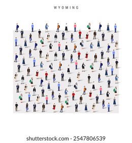 Wyoming US state population map. Large group of realistic a diverse crowd of people figures. Flat vector illustration isolated on white.