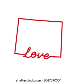 Wyoming US state red outline map with the handwritten LOVE word. Continuous line drawing of patriotic home sign. A love for a small homeland. Interior decoration idea. Vector illustration.