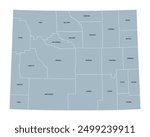 Wyoming, U.S. state, subdivided into 23 counties, gray political map with county names. State in the Mountain West region of the United States, nicknamed Equality and Cowboy State, and Big Wyoming.
