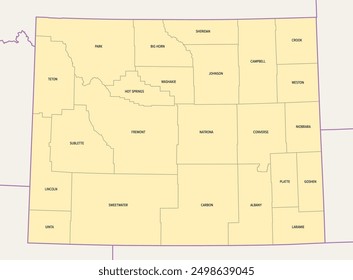 Wyoming, U.S. state, subdivided into 23 counties, political map with borders and county names. State in the Mountain West region of United States, nicknamed Equality and Cowboy State, and Big Wyoming.