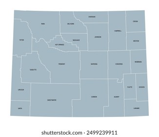 Wyoming, U.S. state, subdivided into 23 counties, gray political map with county names. State in the Mountain West region of the United States, nicknamed Equality and Cowboy State, and Big Wyoming.