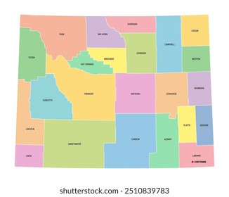 Wyoming, US-Bundesstaat, unterteilt in 23 Bezirke, mehrfarbige politische Karte mit Hauptstadt Cheyenne, Grenzen und Bezirksnamen. Staat in der Mountain West Region der Vereinigten Staaten. Der Gleichstellungsstaat.