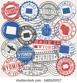 Wyoming, USA Set of Stamps. Travel Passport Stamps. Made In Product. Design Seals in Old Style Insignia. Icon Clip Art Vector Collection.