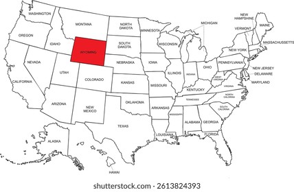 WYOMING, USA, vector map isolated on United states map. Editable blank vector map of USA.