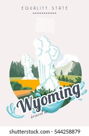 Wyoming vector american poster. USA travel illustration. United States of America colorful greeting card.
