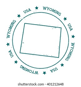 Wyoming vector map. Retro vintage insignia with US state map. Distressed visa stamp with Wyoming text wrapped around a circle and stars. USA state map vector illustration.