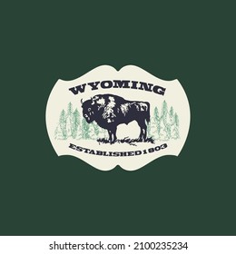 Wyoming. Vintage logo buffalo bison design. Welcome to Wyoming, USA. Travel art concept