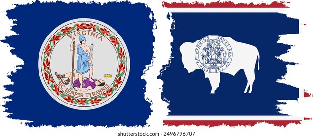 Wyoming and Virginia states grunge brush flags connection, vector