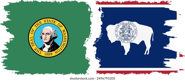 Wyoming and Washington states grunge brush flags connection, vector