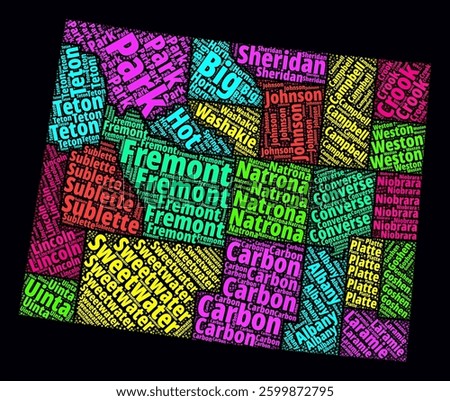 Wyoming Word Cloud. Bright neon style design on dark background. Region names text cloud. Boundary shape with administrative division. Vibrant vector illustration.