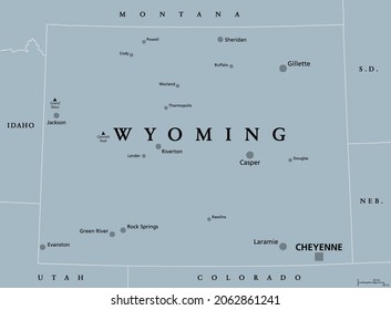 Wyoming, WY, gray political map, with the capital Cheyenne. State in the Mountain West subregion of the Western United States of America, nicknamed Equality State, Cowboy State and Big Wyoming. Vector