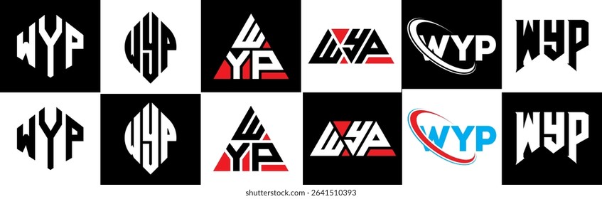 WYP letter logo design in six style. WYP polygon, circle, triangle, hexagon, flat and simple style with black and white color variation letter logo set in one artboard. WYP minimalist and classic logo