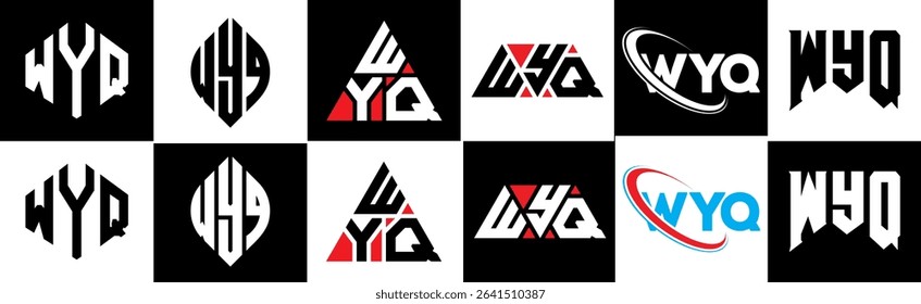 WYQ letter logo design in six style. WYQ polygon, circle, triangle, hexagon, flat and simple style with black and white color variation letter logo set in one artboard. WYQ minimalist and classic logo