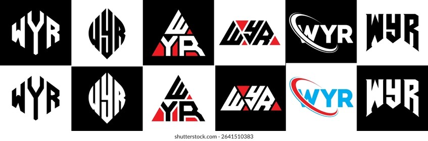 WYR letter logo design in six style. WYR polygon, circle, triangle, hexagon, flat and simple style with black and white color variation letter logo set in one artboard. WYR minimalist and classic logo