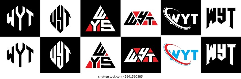 WYT letter logo design in six style. WYT polygon, circle, triangle, hexagon, flat and simple style with black and white color variation letter logo set in one artboard. WYT minimalist and classic logo