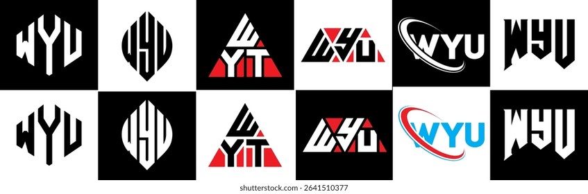 WYU letter logo design in six style. WYU polygon, circle, triangle, hexagon, flat and simple style with black and white color variation letter logo set in one artboard. WYU minimalist and classic logo