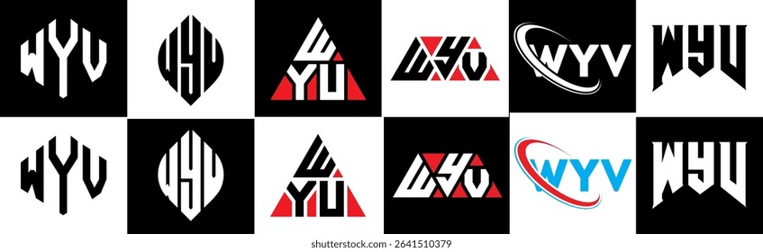 WYV letter logo design in six style. WYV polygon, circle, triangle, hexagon, flat and simple style with black and white color variation letter logo set in one artboard. WYV minimalist and classic logo