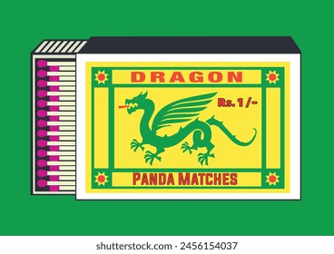 Wyvern, Draco, Monster, Tarragon, Flying lizard in matchbook, lighter belonging, lighter can, matchbox, matches vector illustration. Vintage, antique retro style packaging. Indian art old style design