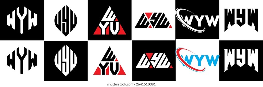 WYW letter logo design in six style. WYW polygon, circle, triangle, hexagon, flat and simple style with black and white color variation letter logo set in one artboard. WYW minimalist and classic logo