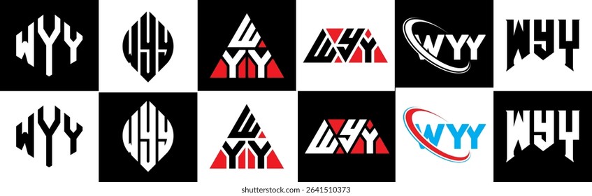 WYY letter logo design in six style. WYY polygon, circle, triangle, hexagon, flat and simple style with black and white color variation letter logo set in one artboard. WYY minimalist and classic logo