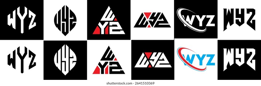 WYZ letter logo design in six style. WYZ polygon, circle, triangle, hexagon, flat and simple style with black and white color variation letter logo set in one artboard. WYZ minimalist and classic logo