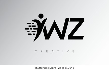 WZ Creative Digital Monogram Logo – Futuristic Letter mark Design Featuring Human Shape, Pixel Motion and Minimal Tech Style for Innovative Branding Identity