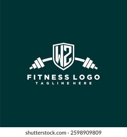 WZ initial monogram for fitnes or gym logo with creative shield and barbell design