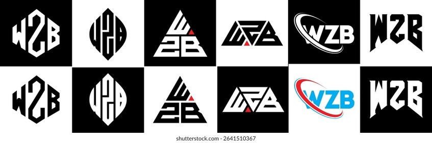 WZB letter logo design in six style. WZB polygon, circle, triangle, hexagon, flat and simple style with black and white color variation letter logo set in one artboard. WZB minimalist and classic logo
