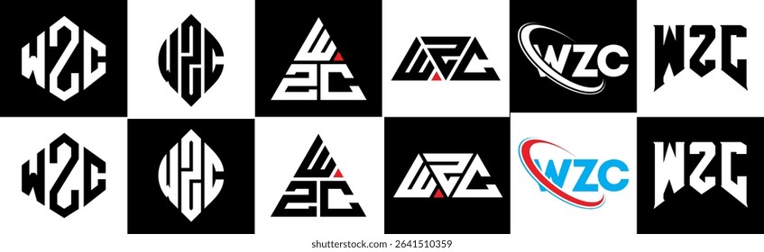 WZC letter logo design in six style. WZC polygon, circle, triangle, hexagon, flat and simple style with black and white color variation letter logo set in one artboard. WZC minimalist and classic logo